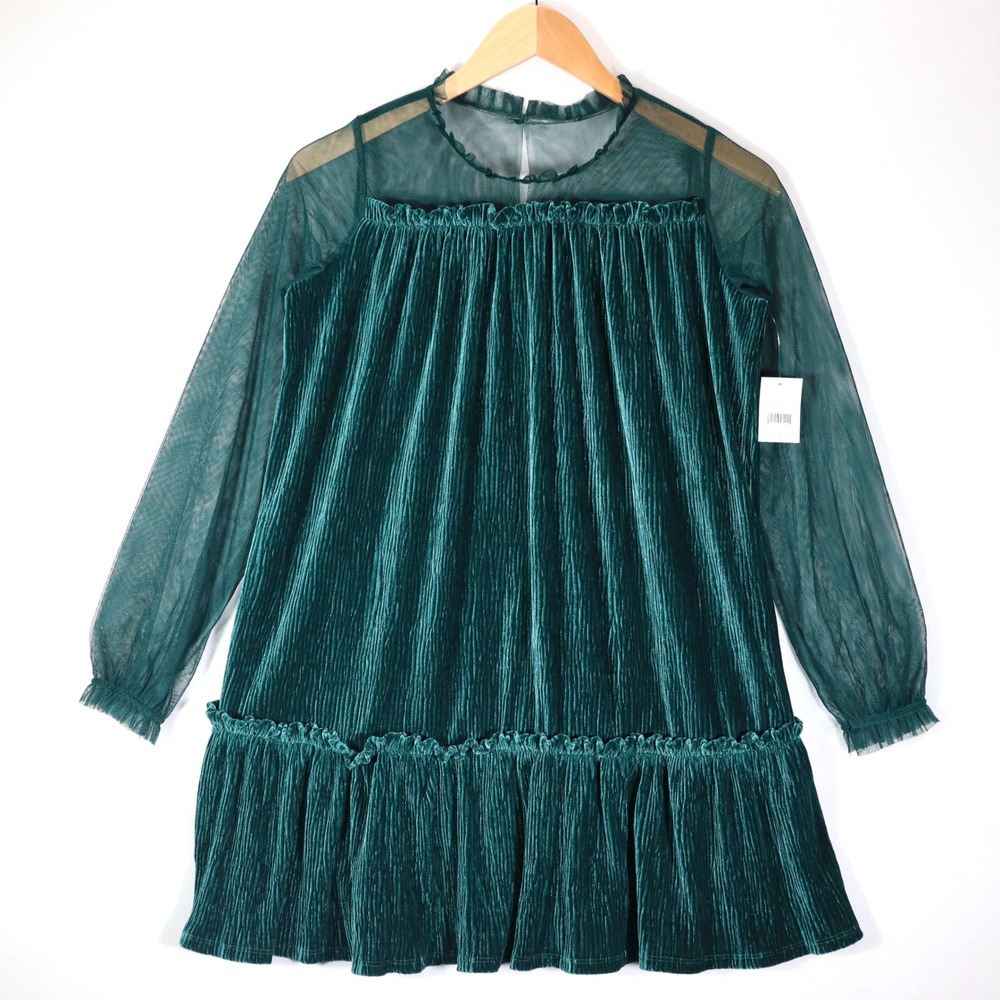 BCBG Girls Pleated Velour Dress Kids 16 Teal Green Mesh Sleeve Holiday Party